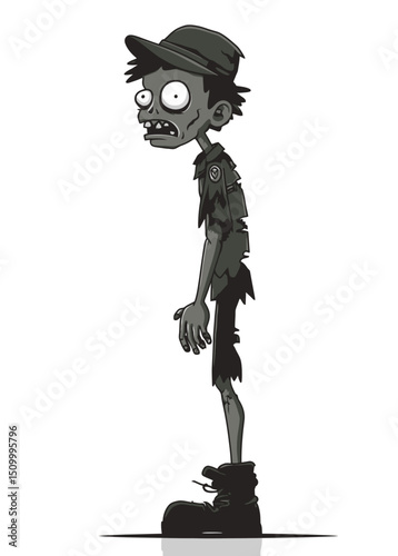 A vigilant Zombie Scout wearing a torn uniform, watching from the shadows,