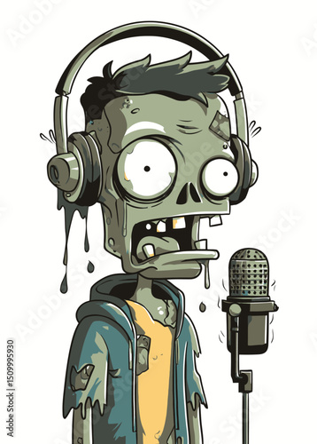 A zombified Zombie Radio Host with a melted face, broadcasting,