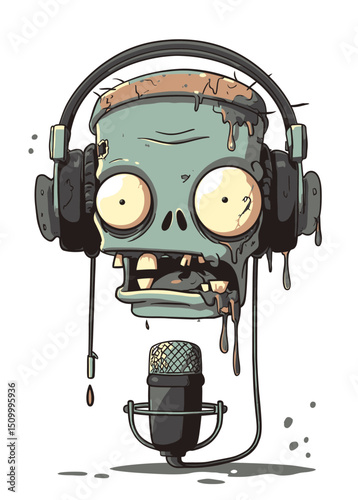 A zombified Zombie Radio Host with a melted face, broadcasting,