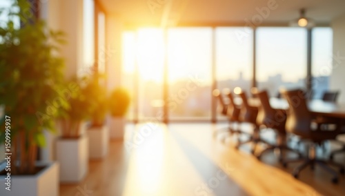 Bright and spacious hotel or office lobby with a blurred perspective, featuring a contemporary reception area and large glass windows.