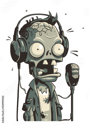 A zombified Zombie Radio Host with a melted face, broadcasting,