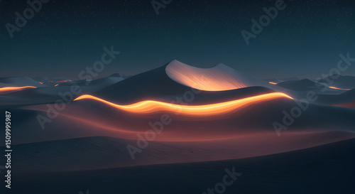 Mystical Desert Dunes Illuminated by an Ethereal Orange Glow at Twilight