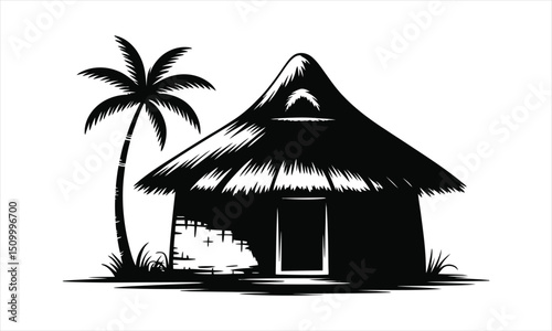 Tropical hut palm tree black and white illustration
