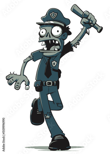 Zombie Cop - A menacing undead cop in a torn uniform, holding a broken baton.