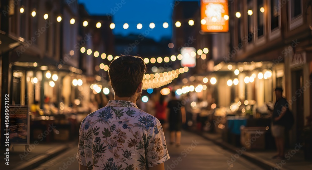 Obraz premium Evening Stroll Through a Charming, Illuminated Street Market Captivating Night Atmosphere and Urban Exploration