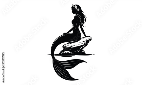 Silhouetted mermaid sitting on rock ocean scene