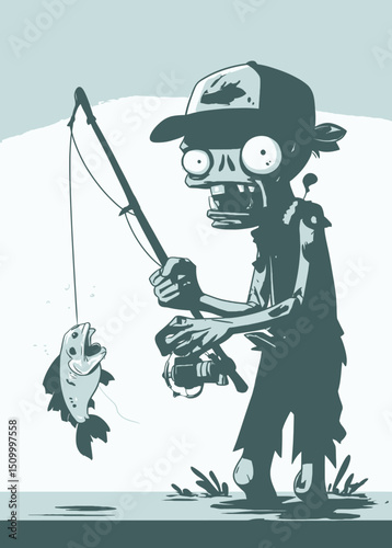Zombie Fisherman - A rotting zombie reeling in a skeletal fish.