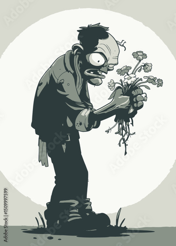 Zombie Florist - A rotting zombie arranging dead flowers.