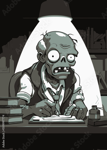 Zombie Historian - A rotting zombie writing the history of the dead.