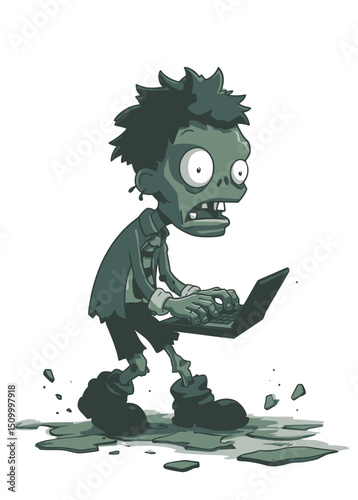 Zombie Journalist - A rotting reporter typing on a shattered laptop.