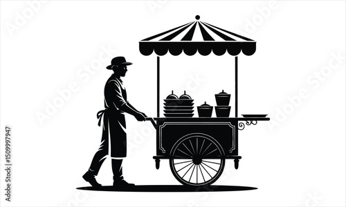 Street food vendor cart silhouette black and white