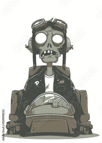 Zombie Pilot - A zombified pilot with hollow eyes, sitting in a crashed cockpit.