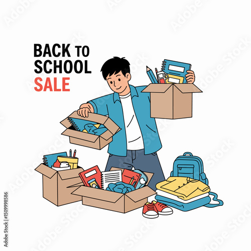 Back to school sale with student and supplies