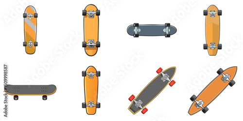 Multiple vector illustrations skateboard, outlines