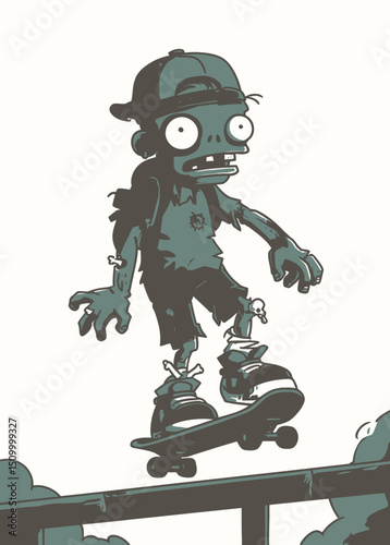 Zombie Skateboarder - A zombie grinding on a rail with broken bones.