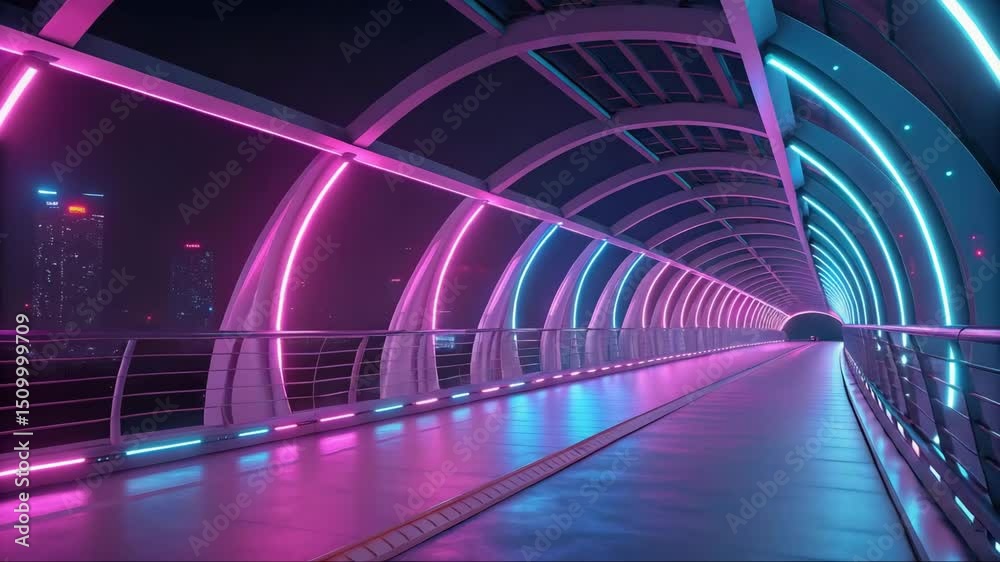 Futuristic neon tunnel with vibrant lights and dynamic reflection movement.