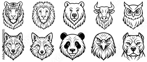 Set of animal heads line art vector ilustration. Logo, tattoo, icon design. Tiger, lion, bear, bull, owl, wolf, fox, panda, eagle, pitbull dog.