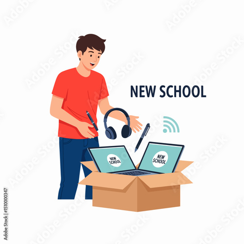 Student unpacking electronics for new school