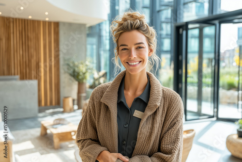 Professional woman greeting clients in bright modern lobby, exuding warmth and friendliness. She stands confidently in stylish, cozy outfit, with welcoming smile