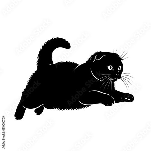 Black scottish fold cat lying down isolated on white background, a domestic feline pet with folded ears, playful and cute, in a vector illustration design