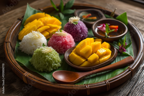 Traditional Thai dessert tray with colorful sticky rice, fresh mango slices, and coconut topping, beautifully arranged on banana leaf, creating vibrant and inviting presentation
