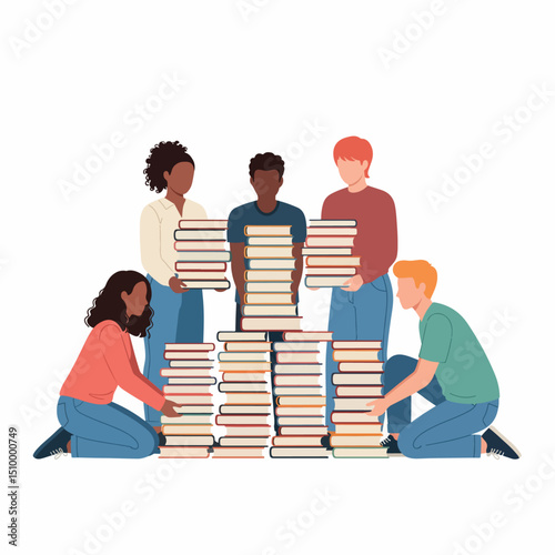 People stacking books for school or library