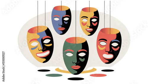 Hanging emotional masks in abstract style, concept of identity, hidden feelings and social roles, vector illustration