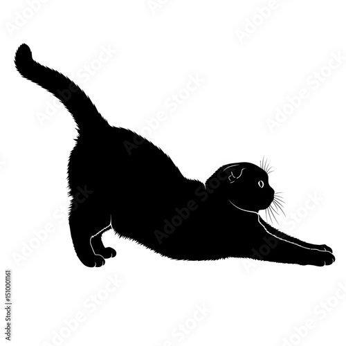 Black silhouette of a stretching cat isolated on white background, featuring a playful feline in a cute pose with its tail up, showcasing its fur and whiskers