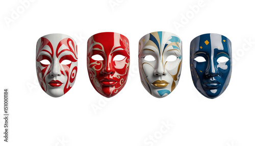 Elegant decorative masks in a row, emotional expression and identity concept, colorful vector illustration