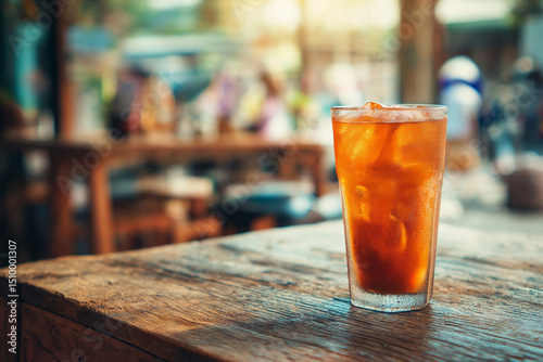 Chilled iced tea in transparent glass with ice cubes sits on rustic wooden table, creating refreshing and inviting atmosphere in warm outdoor setting