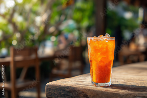 Iced Thai tea in transparent glass with ice cubes sits on wooden table, surrounded by blurred outdoor setting. vibrant orange color of tea contrasts with natural background