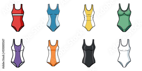 Multiple vector illustrations female bathing suit, outlines