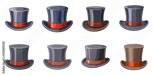 Multiple vector illustrations silk hats, outlines