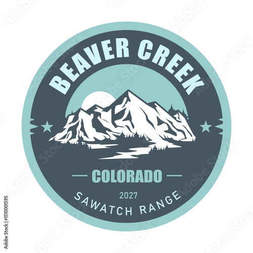 Beaver Creek stamp, ski resort in Colorado, emblem with snow covered peaks, vector