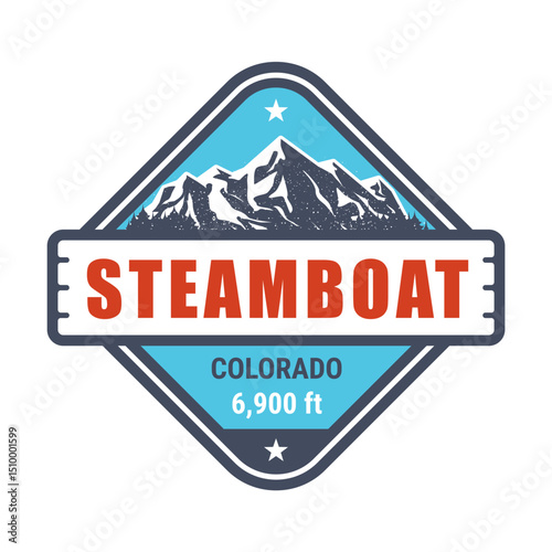 Steamboat, Colorado ski resort stamp, emblem with snow covered mountains in steamboat springs, vector