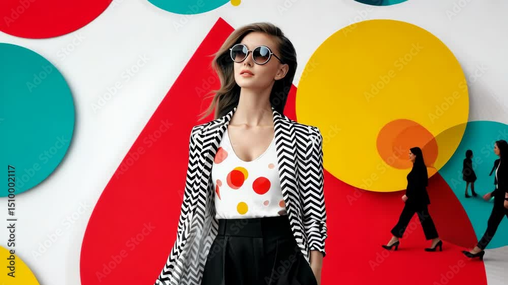 Woman wearing a black and white polka dot top and black pants walks in front of a colorful background