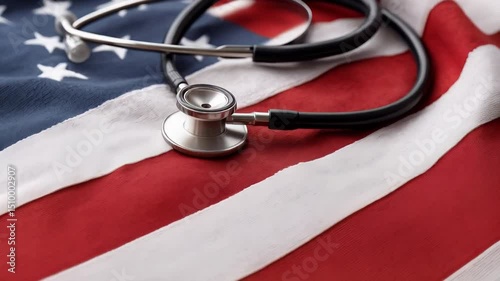 Healthcare symbol and pride on display with stethoscope resting on American flag
