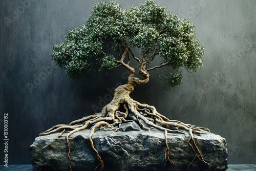 Virtual tree roots clutching energy matrix stone