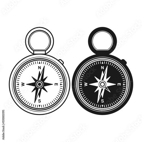 Compass Simple Navigation Tool Flat Black and Outline Style. Compass Icon on White Background.