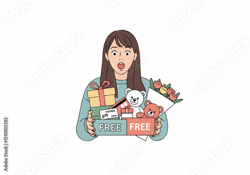 Girl holding free gift boxes with surprise