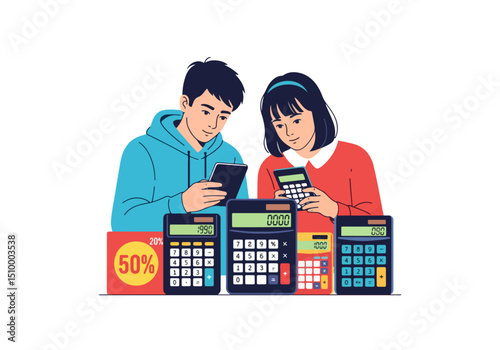 People calculating with calculators and phone for discounts