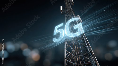A 5G network tower transmitting data with futuristic neon effects, showcasing technological advancement