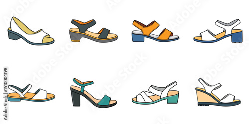 Multiple vector illustrations of women's sandals, outlines
