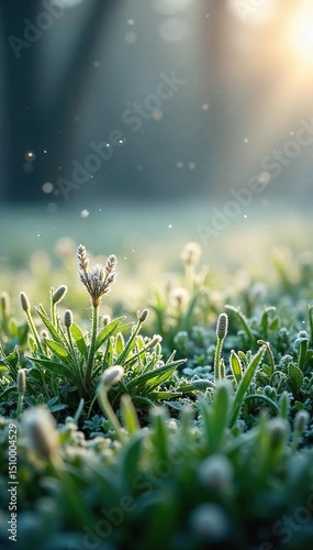 A crisp morning frost blankets a vibrant green meadow, wildflowers clinging to the cold Sunlight filters through, illuminating delicate icy textures A peaceful, serene winter scene , peace, icy