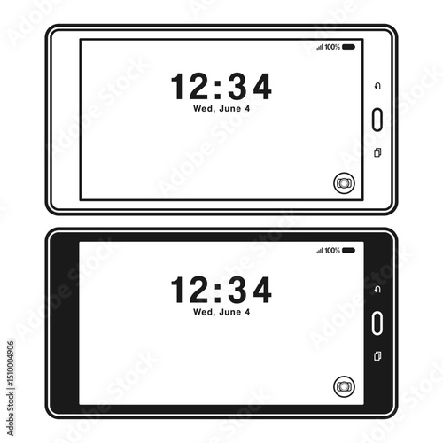 Simple Tablet with Interface Display Flat Black and Outline Style. Tablet with Clock, Date and Camera Display.