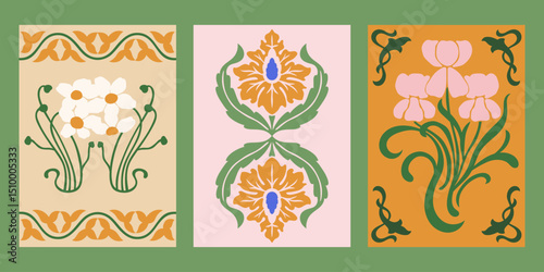 Art Nouveau style vector posters set. Vintage print designs with flowers, abstract florals compositions