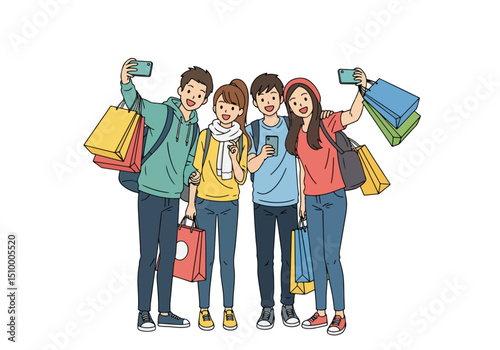 Friends shopping together taking selfie with bags