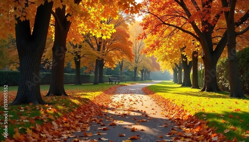 Golden autumn leaves blanket a park path, sunlight filtering through the vibrant foliage Crisp air, fallen leaves, a perfect scene for tranquility and autumnal beauty , tranquility, october, autumn