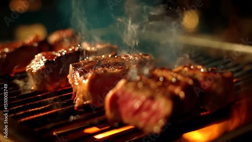 Slices of meat cooking on a grill