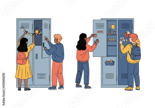 Students decorating school lockers with photos decor